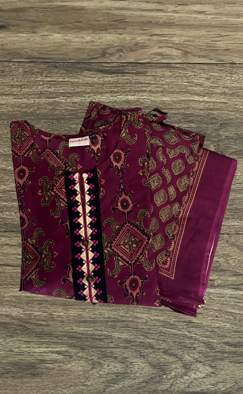 Wine Colour Jaipura Jaipur Cotton Kurti With Pant And Dupatta Set. Pure Versatile Cotton. | Laces and Frills