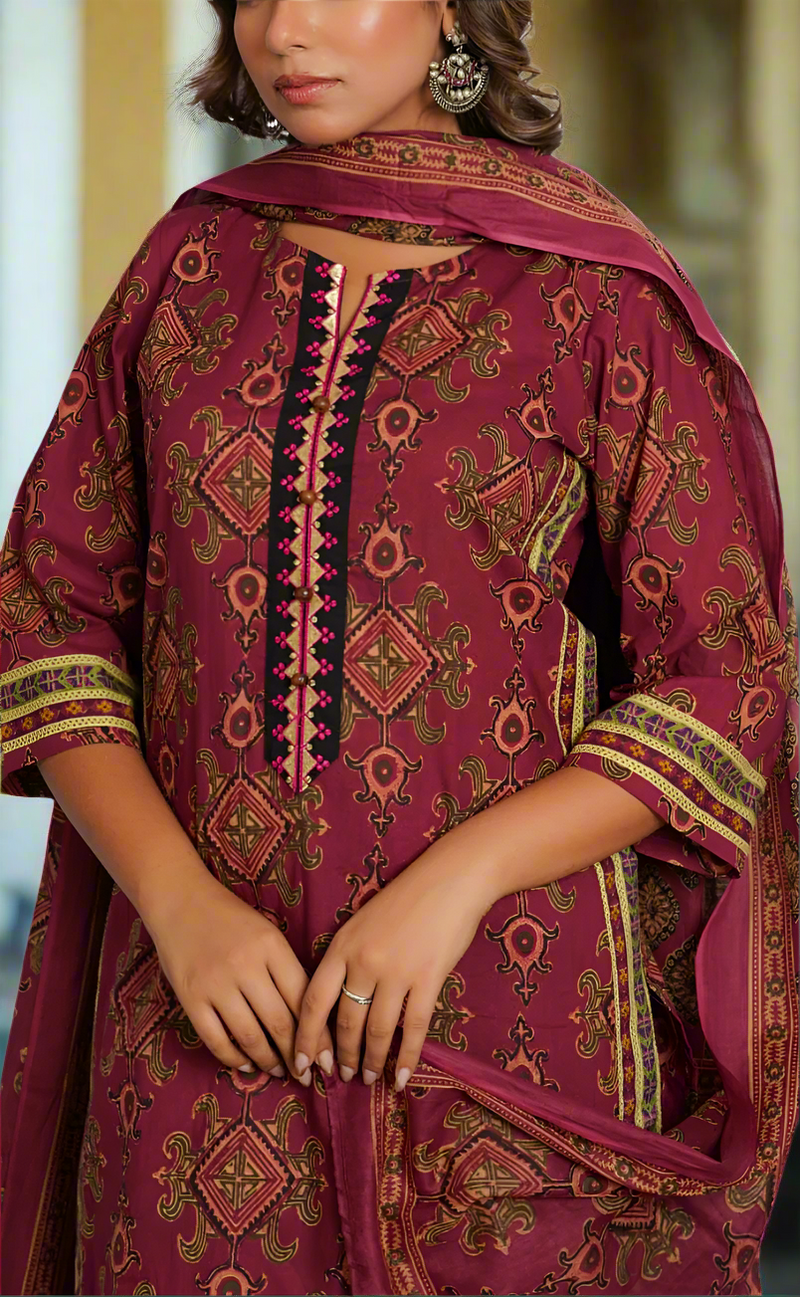 Wine Colour Jaipura Jaipur Cotton Kurti With Pant And Dupatta Set. Pure Versatile Cotton. | Laces and Frills