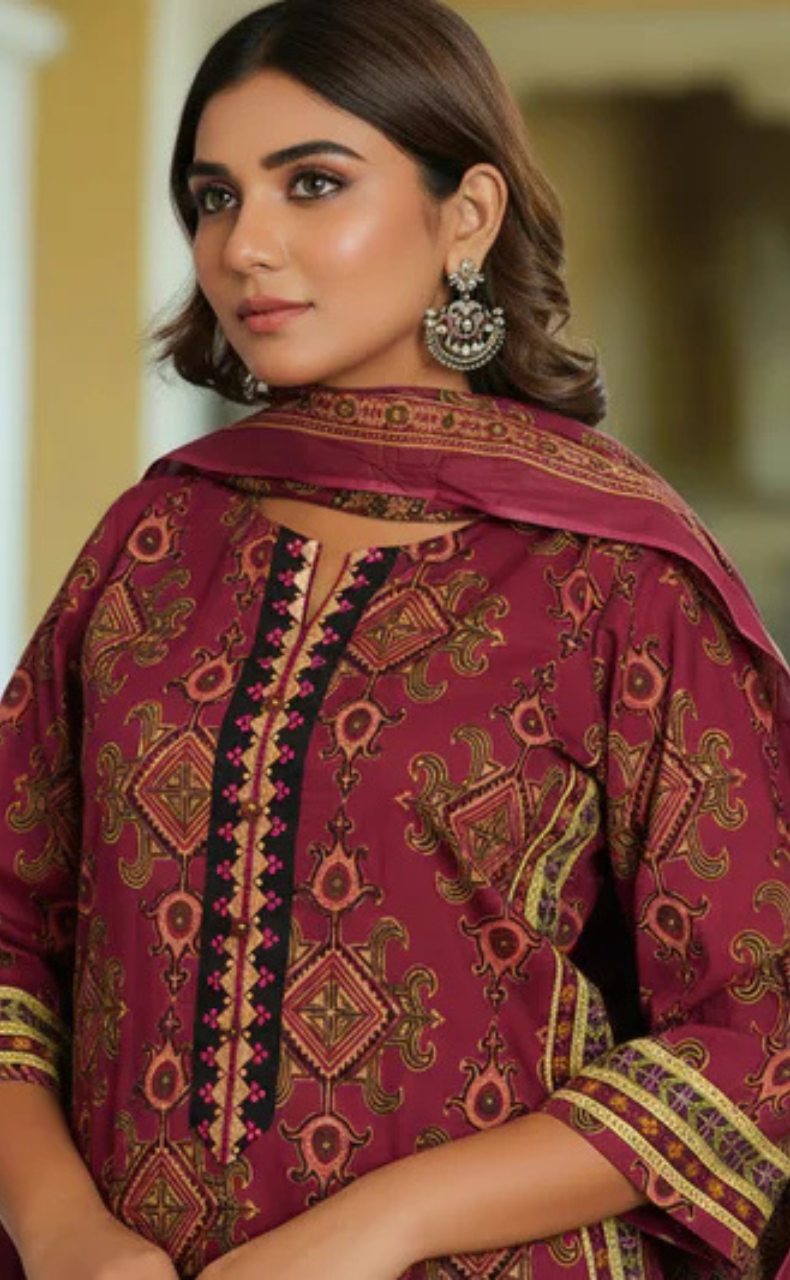 Wine Colour Jaipura Jaipur Cotton Kurti With Pant And Dupatta Set. Pure Versatile Cotton. | Laces and Frills