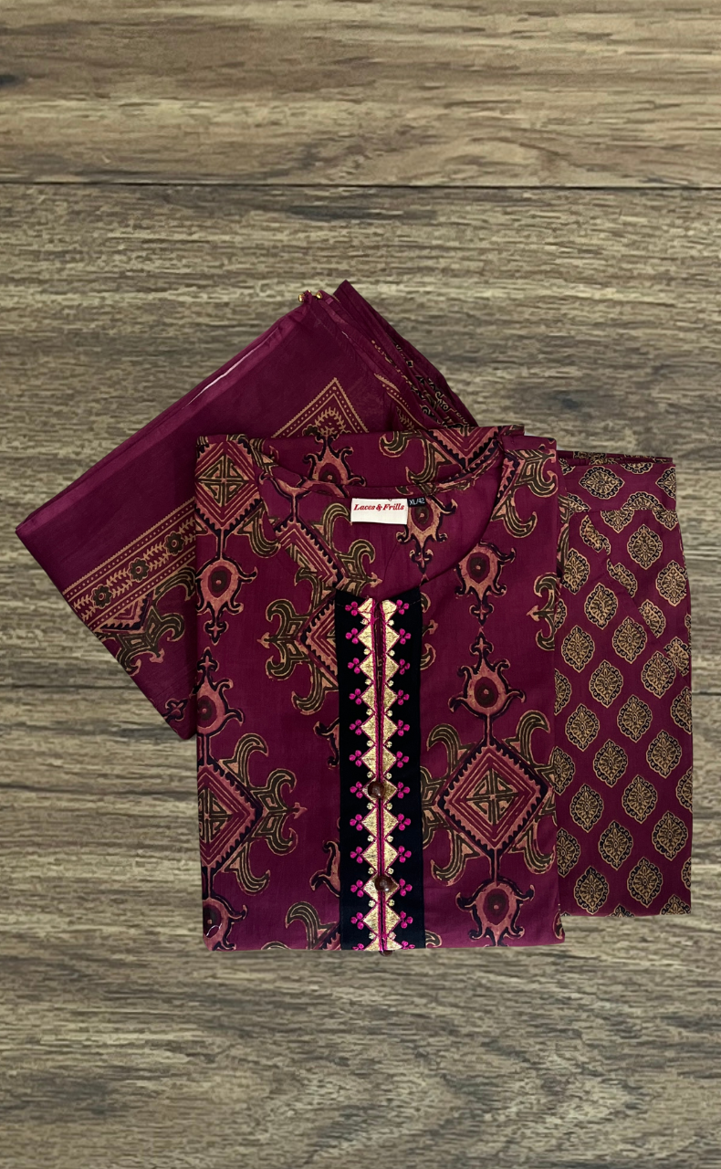 Wine Colour Jaipura Jaipur Cotton Kurti With Pant And Dupatta Set. Pure Versatile Cotton. | Laces and Frills