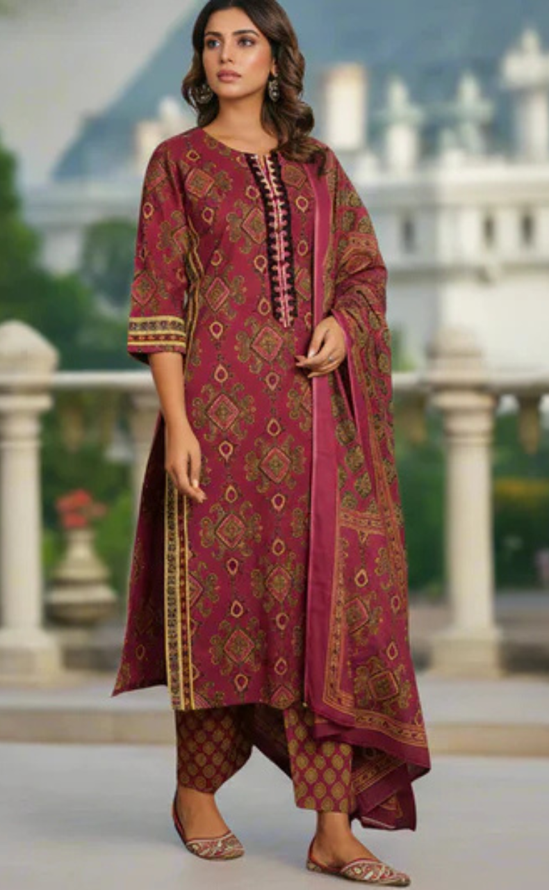 Wine Colour Jaipura Jaipur Cotton Kurti With Pant And Dupatta Set. Pure Versatile Cotton. | Laces and Frills