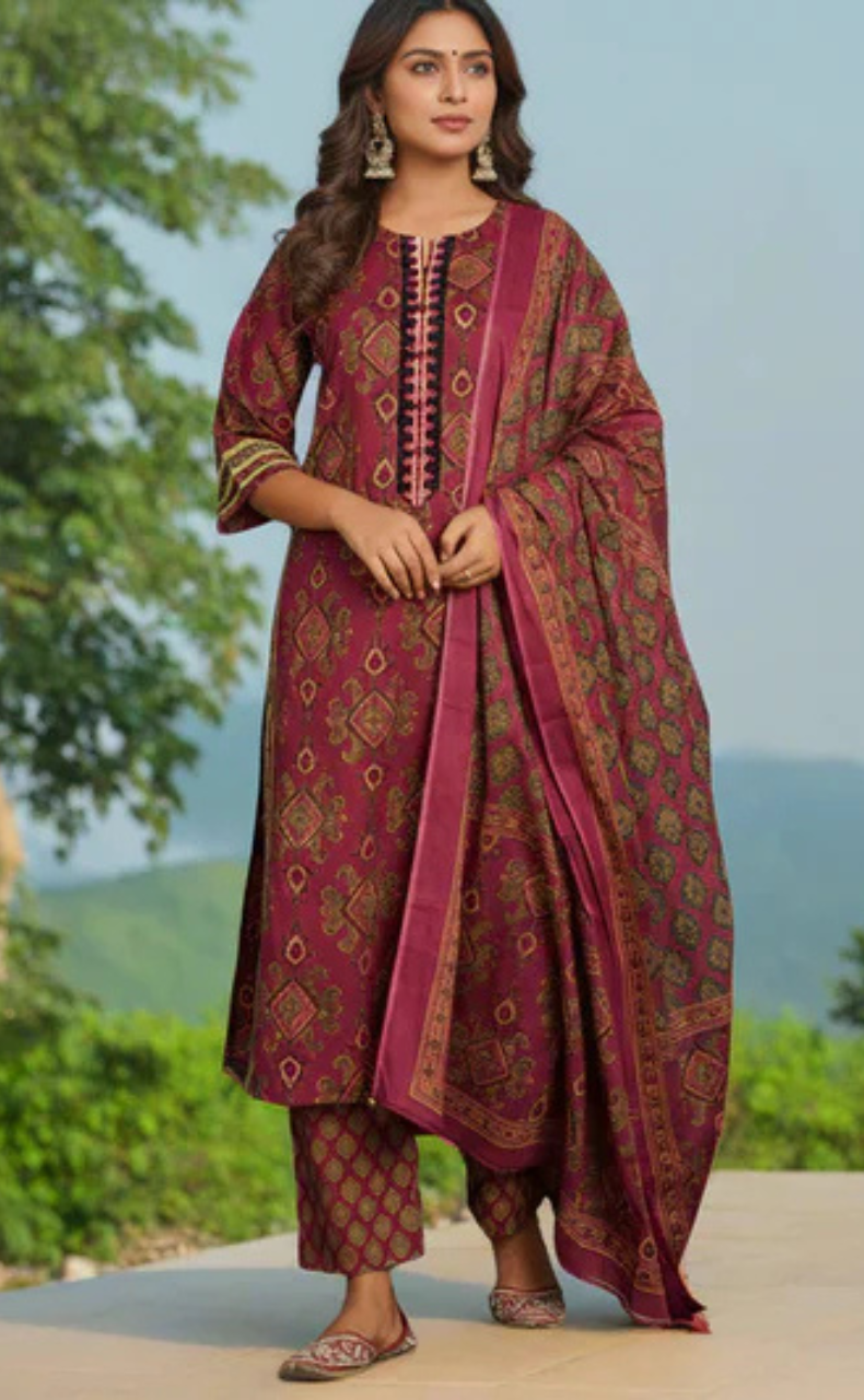Wine Colour Jaipura Jaipur Cotton Kurti With Pant And Dupatta Set. Pure Versatile Cotton. | Laces and Frills