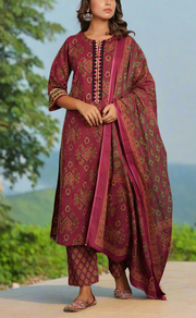 Wine Colour Jaipura Jaipur Cotton Kurti With Pant And Dupatta Set. Pure Versatile Cotton. | Laces and Frills