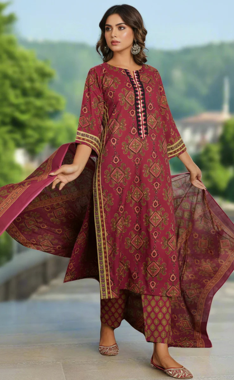 Wine Colour Jaipura Jaipur Cotton Kurti With Pant And Dupatta Set. Pure Versatile Cotton. | Laces and Frills