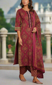 Wine Colour Jaipura Jaipur Cotton Kurti With Pant And Dupatta Set. Pure Versatile Cotton. | Laces and Frills