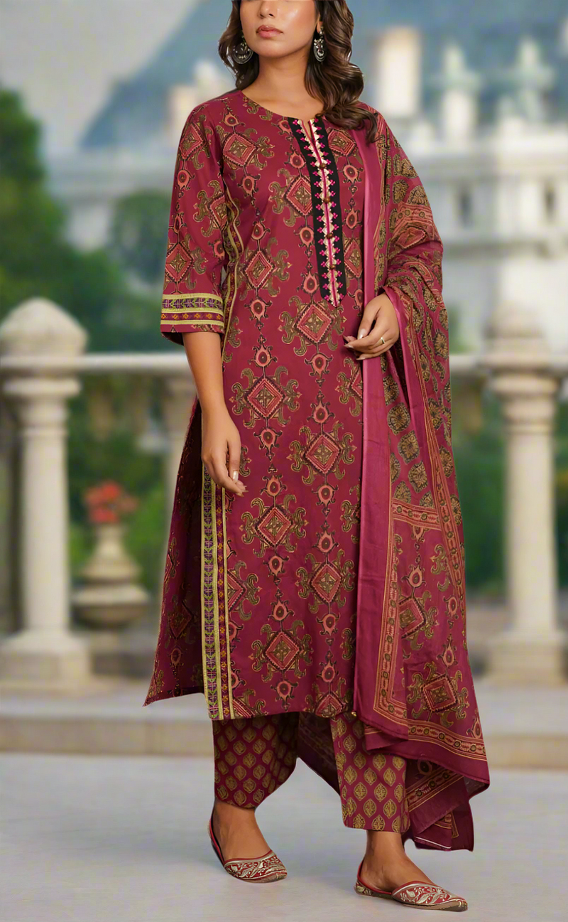 Wine Colour Jaipura Jaipur Cotton Kurti With Pant And Dupatta Set. Pure Versatile Cotton. | Laces and Frills