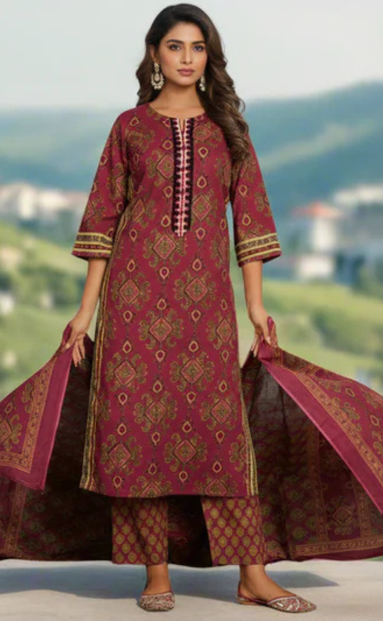 Wine Colour Jaipura Jaipur Cotton Kurti With Pant And Dupatta Set. Pure Versatile Cotton. | Laces and Frills