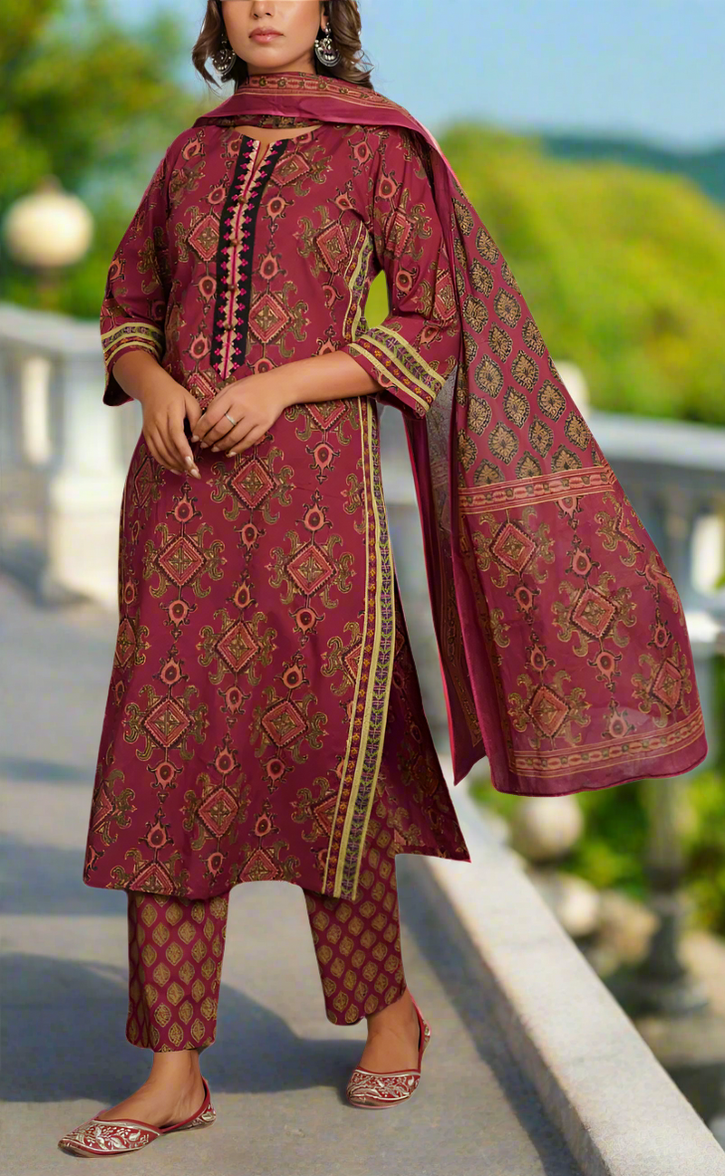 Wine Colour Jaipura Jaipur Cotton Kurti With Pant And Dupatta Set. Pure Versatile Cotton. | Laces and Frills