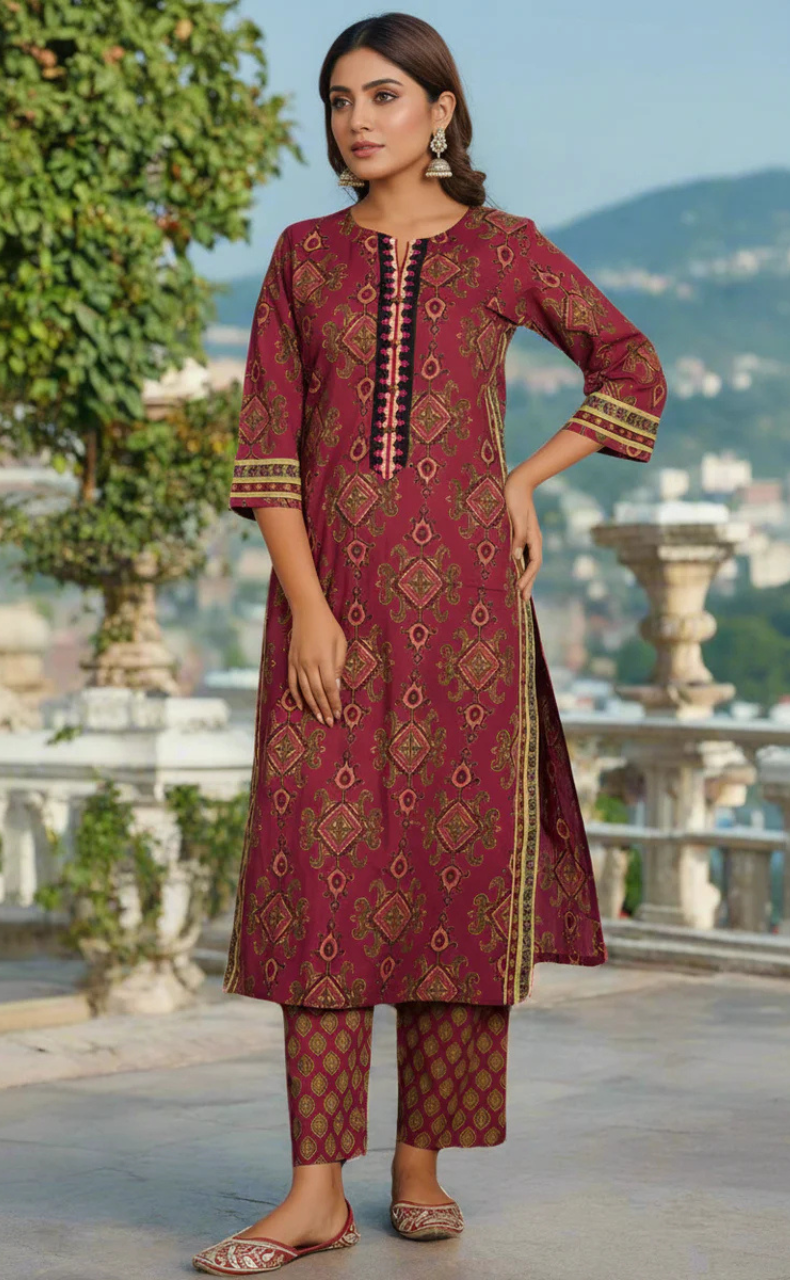 Wine Colour Jaipura Jaipur Cotton Kurti With Pant And Dupatta Set. Pure Versatile Cotton. | Laces and Frills
