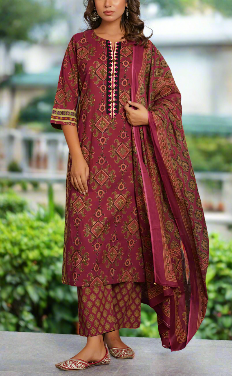 Wine Colour Jaipura Jaipur Cotton Kurti With Pant And Dupatta Set. Pure Versatile Cotton. | Laces and Frills