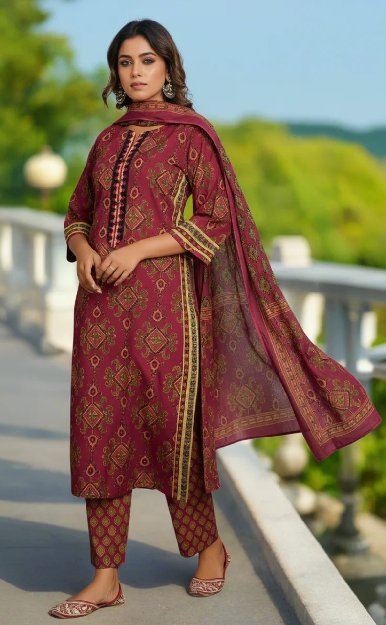 Wine Colour Jaipura Jaipur Cotton Kurti With Pant And Dupatta Set. Pure Versatile Cotton. | Laces and Frills