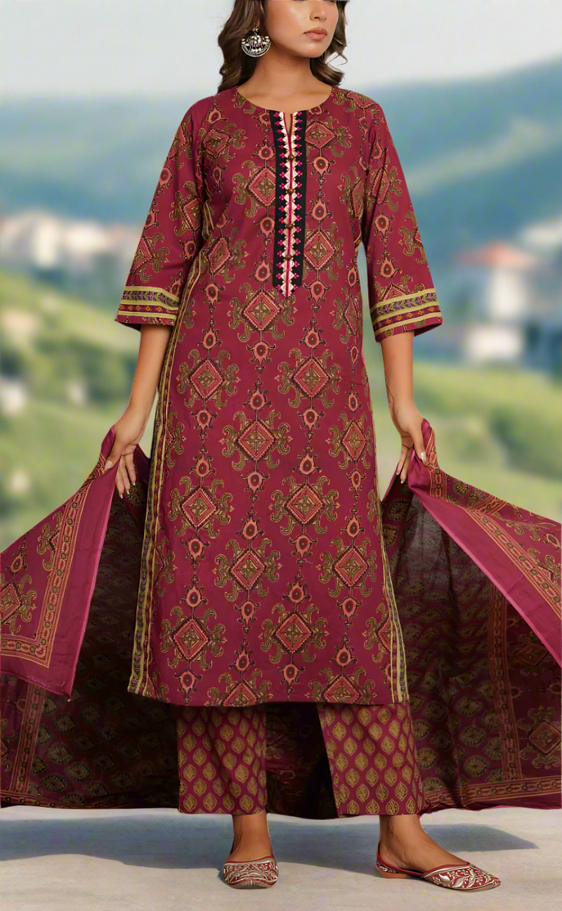 Wine Colour Jaipura Jaipur Cotton Kurti With Pant And Dupatta Set. Pure Versatile Cotton. | Laces and Frills