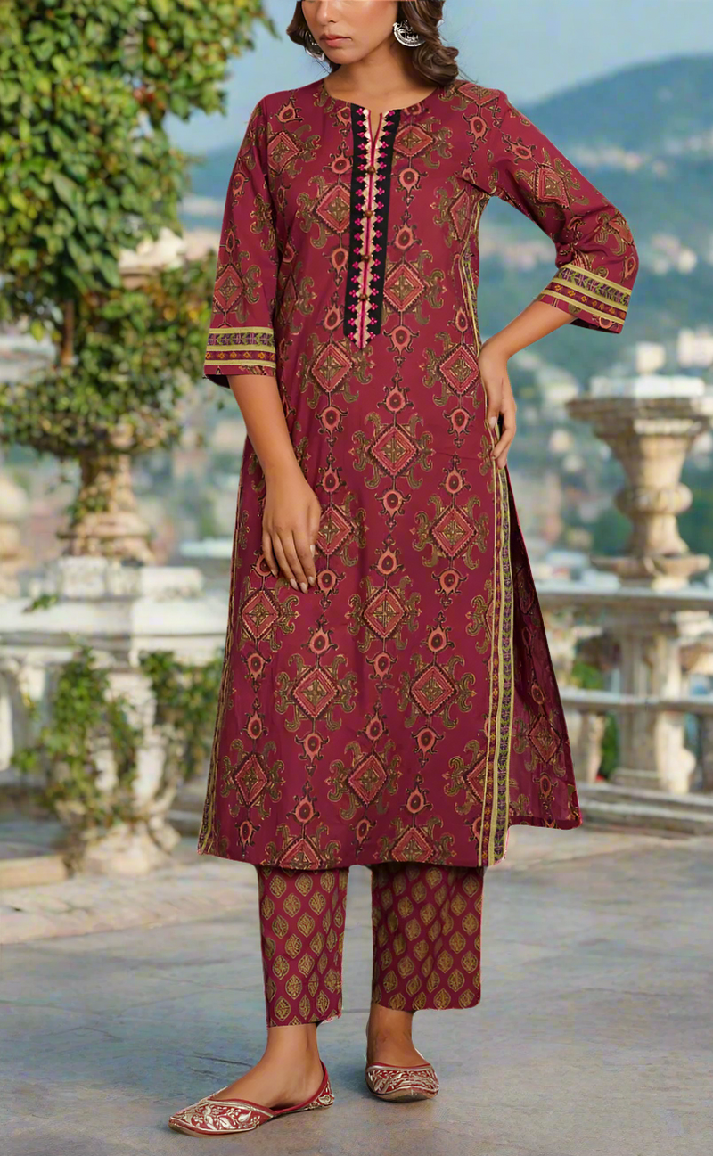 Wine Colour Jaipura Jaipur Cotton Kurti With Pant And Dupatta Set. Pure Versatile Cotton. | Laces and Frills