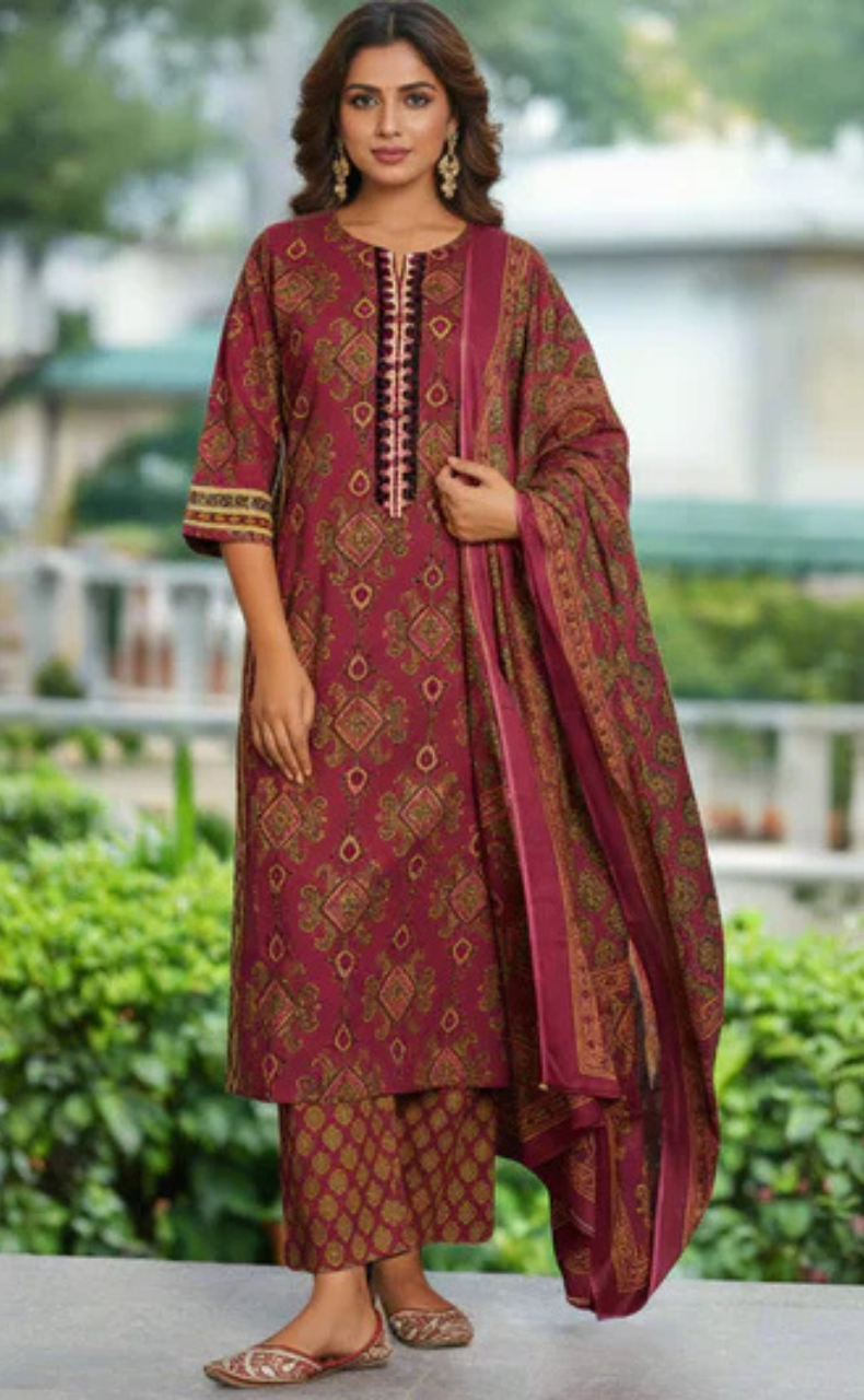 Wine Colour Jaipura Jaipur Cotton Kurti With Pant And Dupatta Set. Pure Versatile Cotton. | Laces and Frills