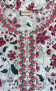 White/Pink Garden Jaipur Cotton Kurti With Pant And Dupatta Set. Pure Versatile Cotton. | Laces and Frills