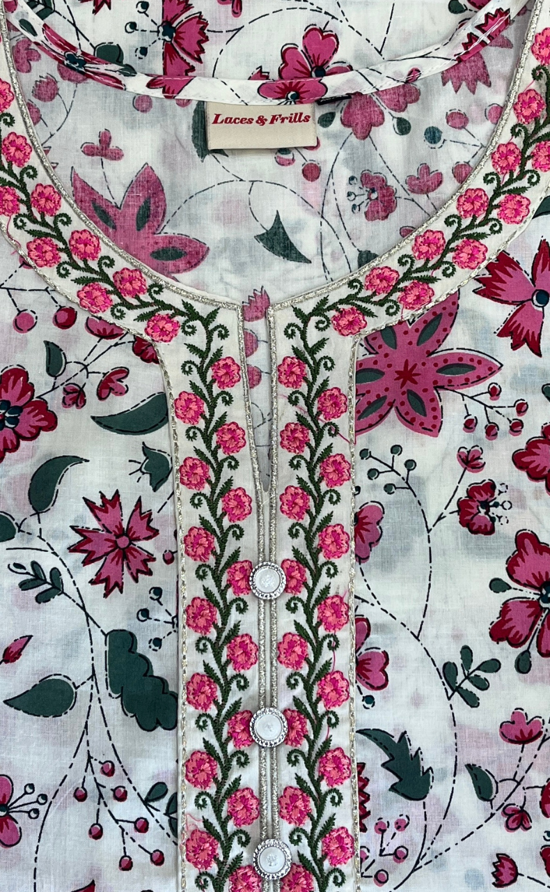 White/Pink Garden Jaipur Cotton Kurti With Pant And Dupatta Set. Pure Versatile Cotton. | Laces and Frills