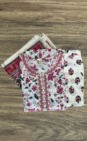 White/Pink Garden Jaipur Cotton Kurti With Pant And Dupatta Set. Pure Versatile Cotton. | Laces and Frills