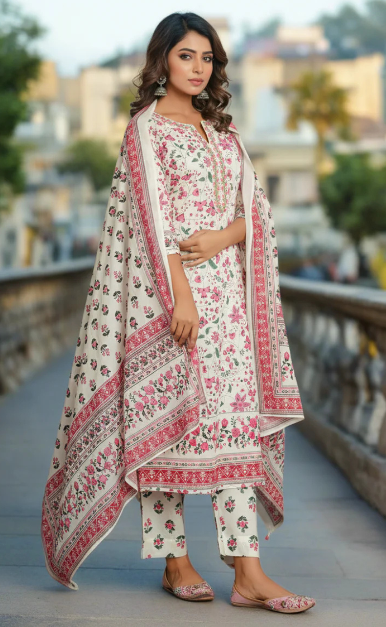 White/Pink Garden Jaipur Cotton Kurti With Pant And Dupatta Set. Pure Versatile Cotton. | Laces and Frills
