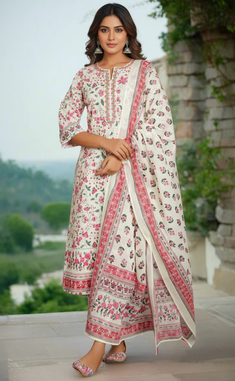 White/Pink Garden Jaipur Cotton Kurti With Pant And Dupatta Set. Pure Versatile Cotton. | Laces and Frills