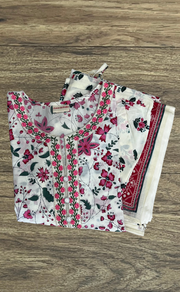 White/Pink Garden Jaipur Cotton Kurti With Pant And Dupatta Set. Pure Versatile Cotton. | Laces and Frills