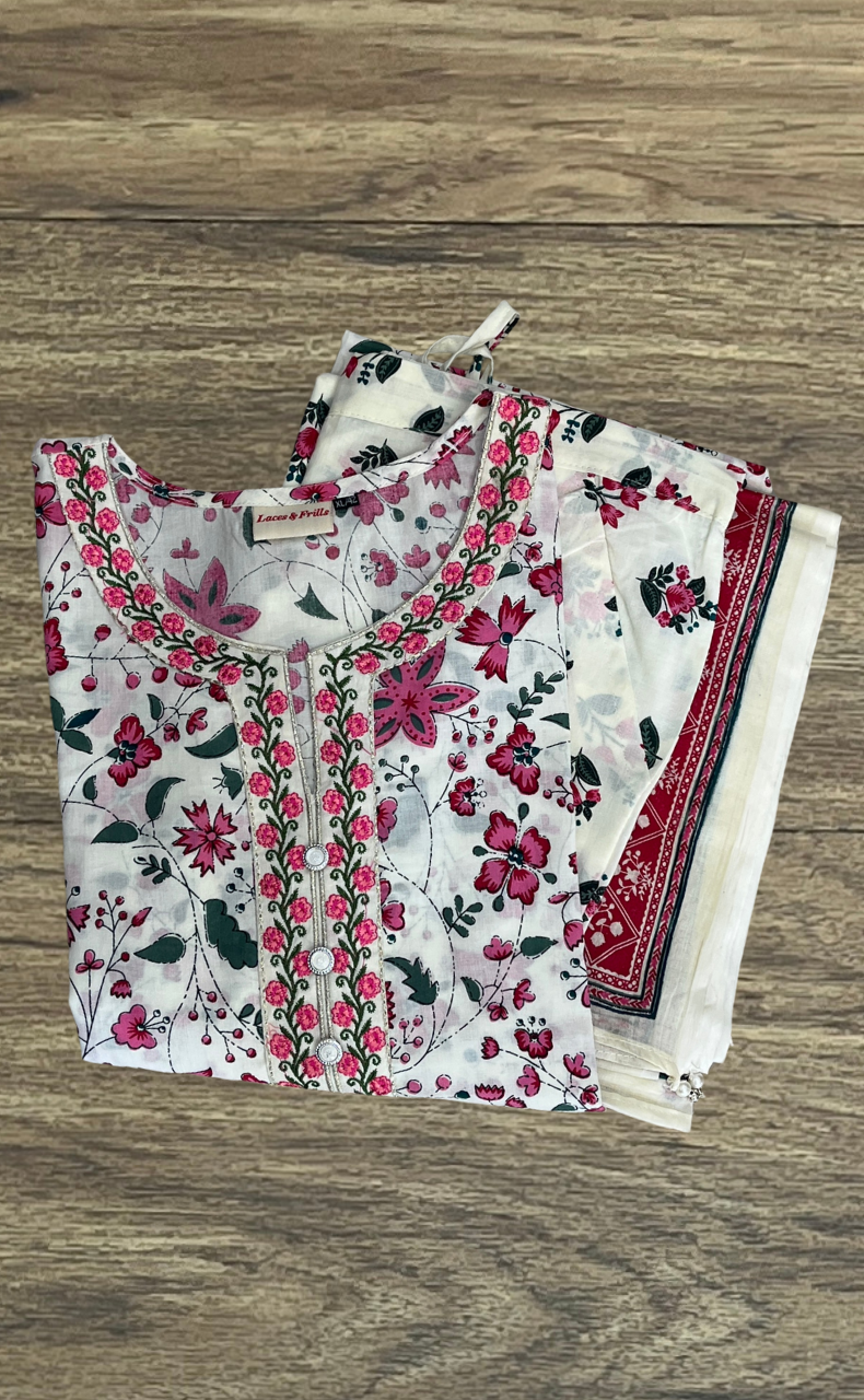 White/Pink Garden Jaipur Cotton Kurti With Pant And Dupatta Set. Pure Versatile Cotton. | Laces and Frills
