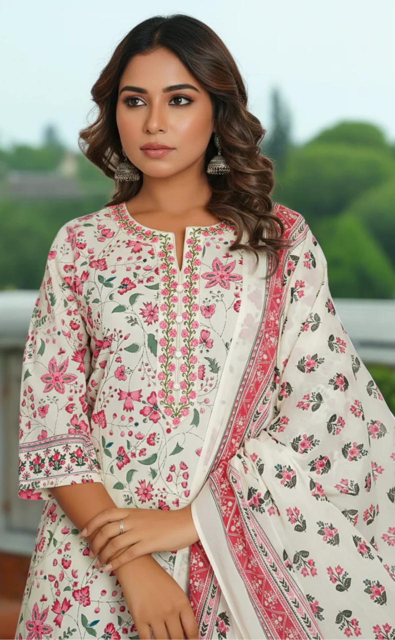 White/Pink Garden Jaipur Cotton Kurti With Pant And Dupatta Set. Pure Versatile Cotton. | Laces and Frills