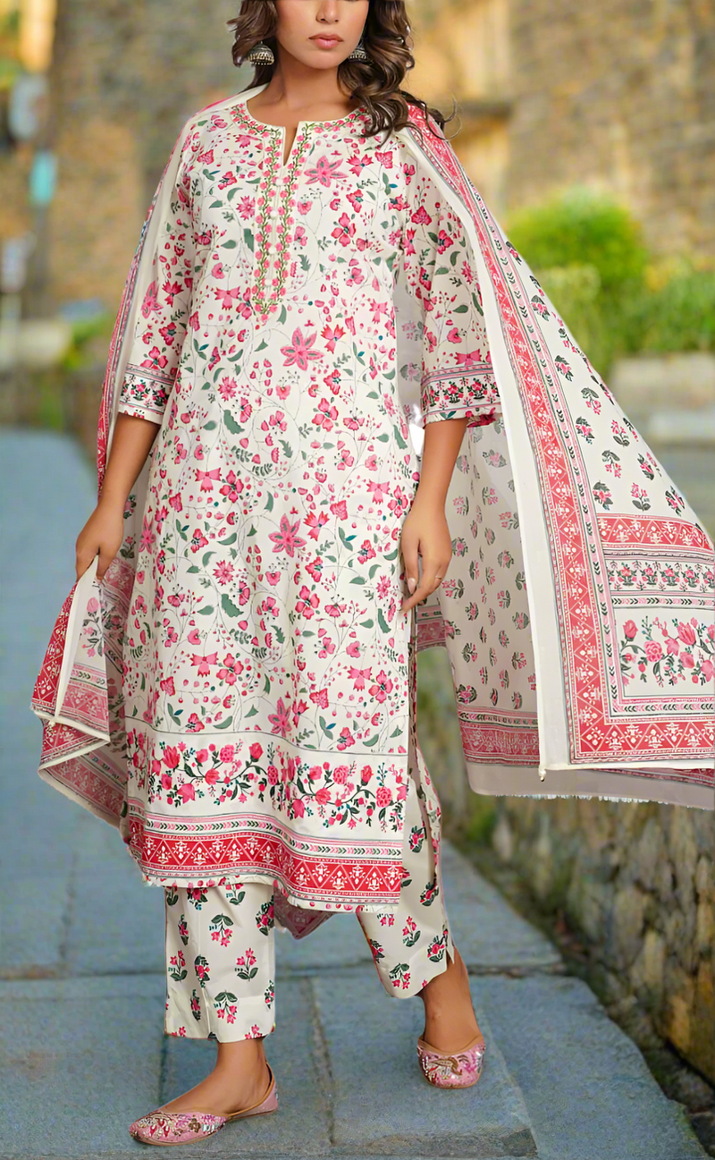 White/Pink Garden Jaipur Cotton Kurti With Pant And Dupatta Set. Pure Versatile Cotton. | Laces and Frills