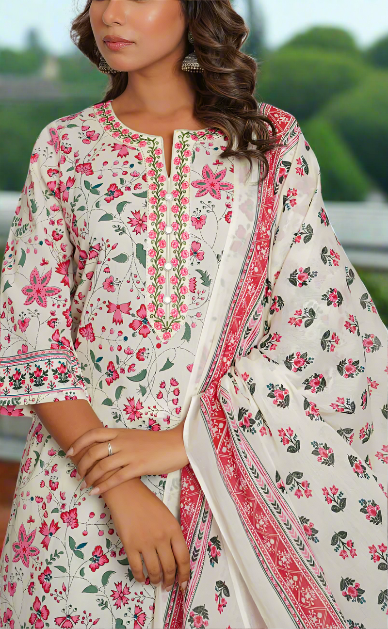 White/Pink Garden Jaipur Cotton Kurti With Pant And Dupatta Set. Pure Versatile Cotton. | Laces and Frills