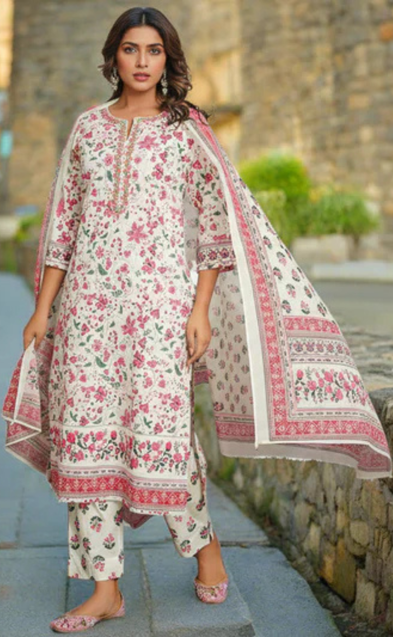 White/Pink Garden Jaipur Cotton Kurti With Pant And Dupatta Set. Pure Versatile Cotton. | Laces and Frills