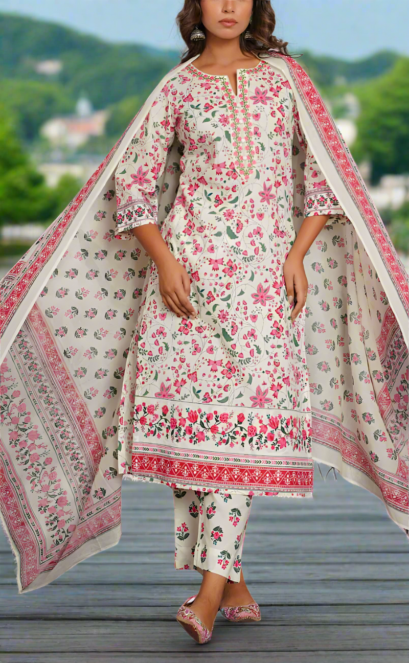 White/Pink Garden Jaipur Cotton Kurti With Pant And Dupatta Set. Pure Versatile Cotton. | Laces and Frills