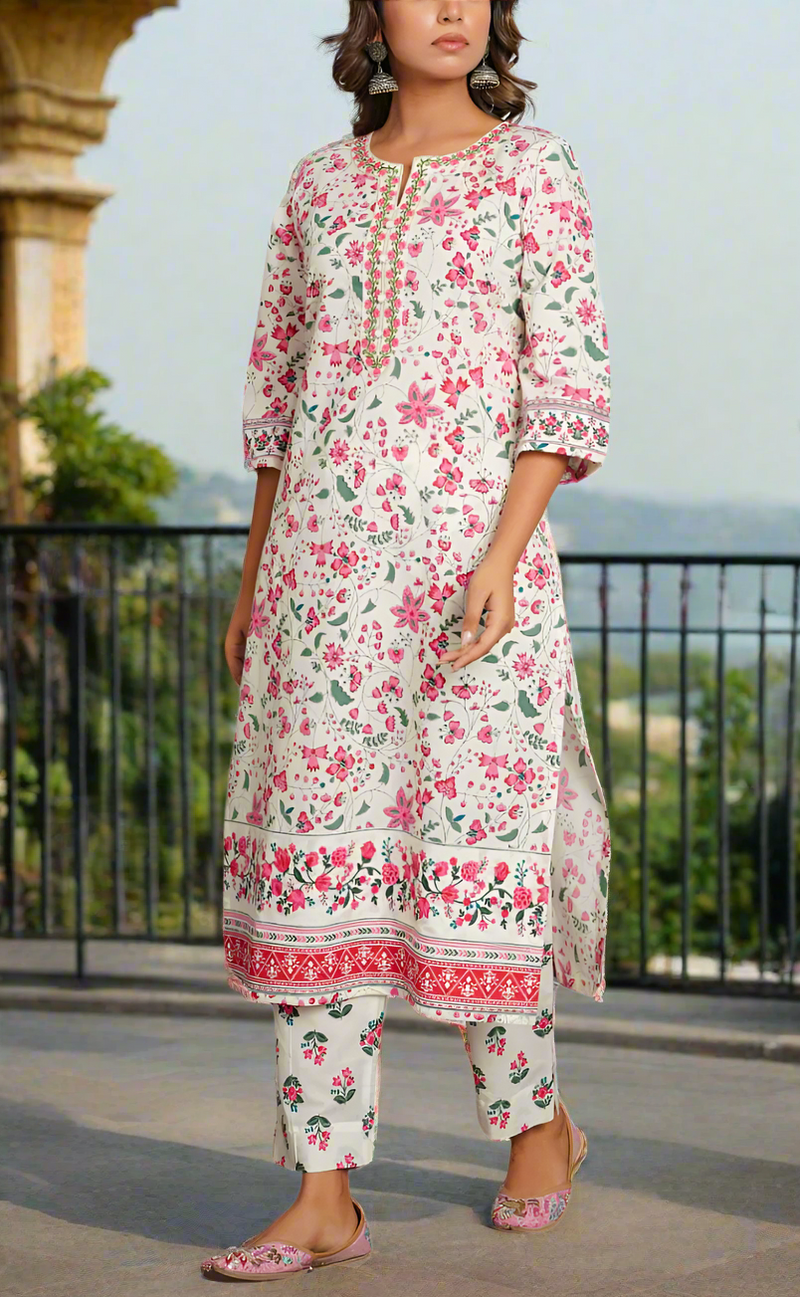 White/Pink Garden Jaipur Cotton Kurti With Pant And Dupatta Set. Pure Versatile Cotton. | Laces and Frills