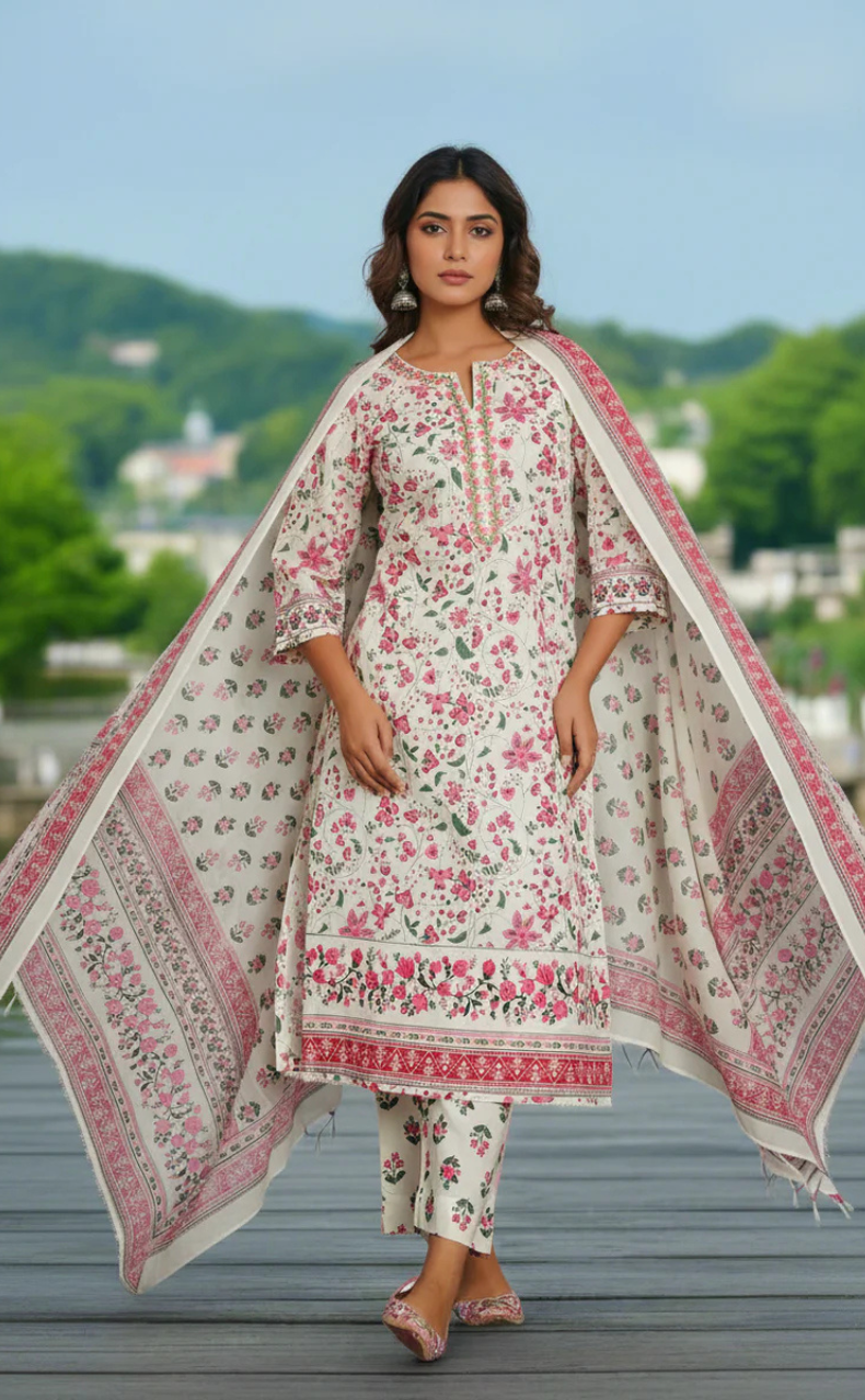 White/Pink Garden Jaipur Cotton Kurti With Pant And Dupatta Set. Pure Versatile Cotton. | Laces and Frills