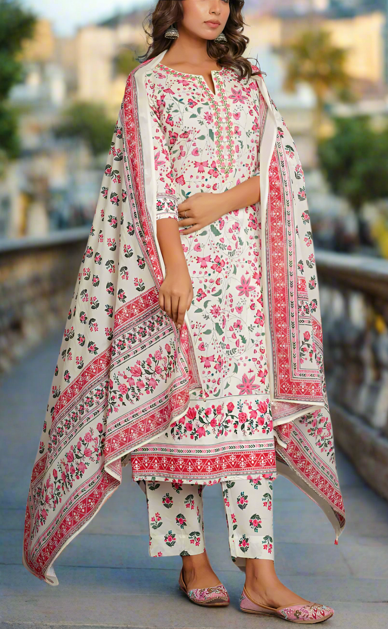 White/Pink Garden Jaipur Cotton Kurti With Pant And Dupatta Set. Pure Versatile Cotton. | Laces and Frills