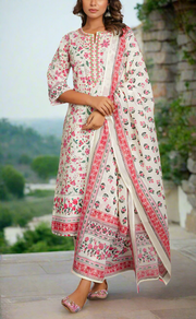 White/Pink Garden Jaipur Cotton Kurti With Pant And Dupatta Set. Pure Versatile Cotton. | Laces and Frills