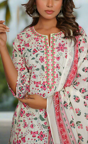 White/Pink Garden Jaipur Cotton Kurti With Pant And Dupatta Set. Pure Versatile Cotton. | Laces and Frills