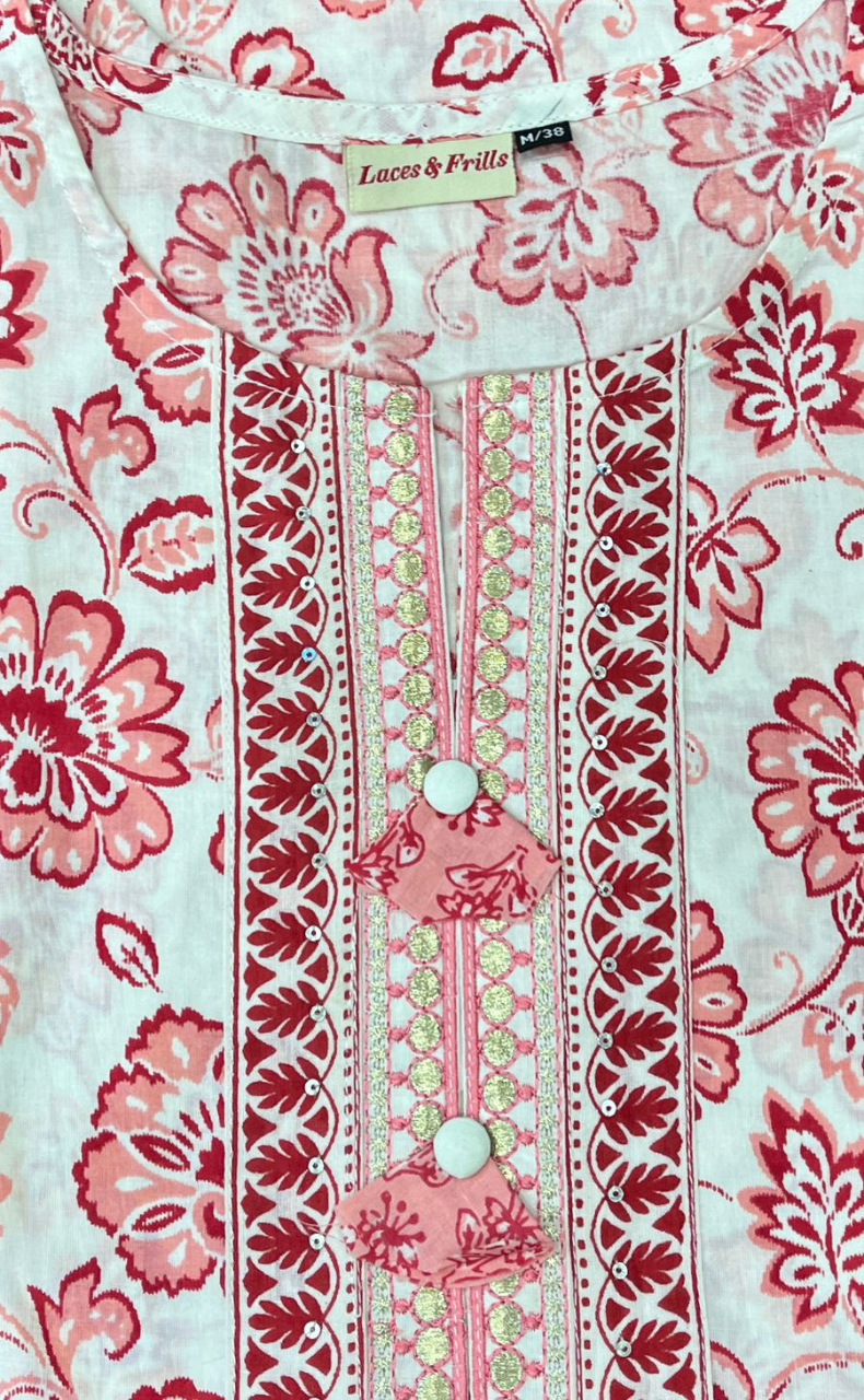 Peach/White Kurti With Pant And Dupatta Set .Pure Versatile Cotton. | Laces and Frills - Laces and Frills