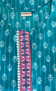 Sea Green Tiny Flora Jaipur Cotton Kurti With Pant And Dupatta Set. Pure Versatile Cotton. | Laces and Frills