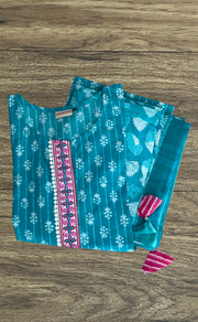 Sea Green Tiny Flora Jaipur Cotton Kurti With Pant And Dupatta Set. Pure Versatile Cotton. | Laces and Frills