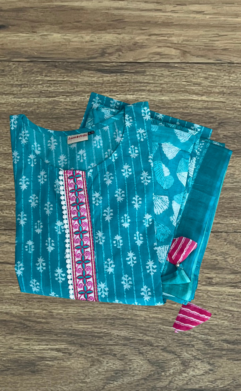 Sea Green Tiny Flora Jaipur Cotton Kurti With Pant And Dupatta Set. Pure Versatile Cotton. | Laces and Frills