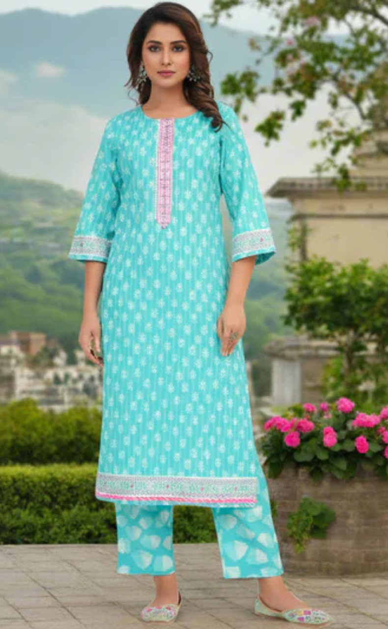 Sea Green Tiny Flora Jaipur Cotton Kurti With Pant And Dupatta Set. Pure Versatile Cotton. | Laces and Frills