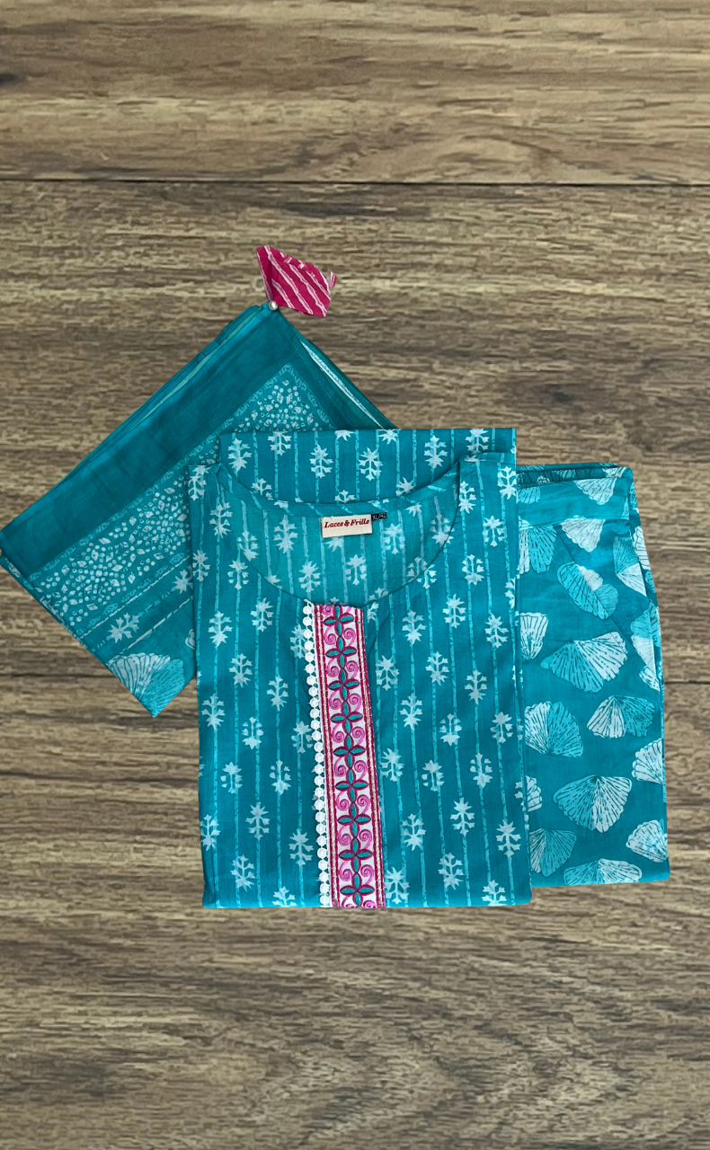 Sea Green Tiny Flora Jaipur Cotton Kurti With Pant And Dupatta Set. Pure Versatile Cotton. | Laces and Frills