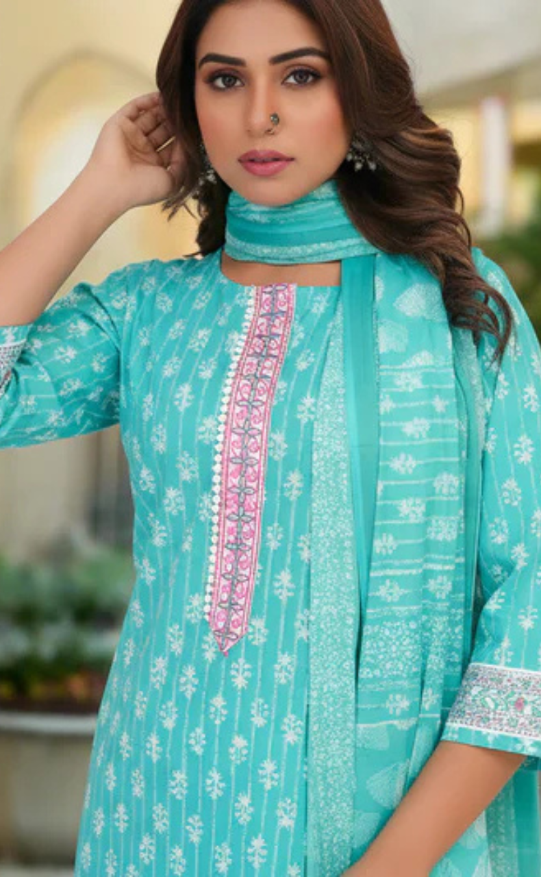 Sea Green Tiny Flora Jaipur Cotton Kurti With Pant And Dupatta Set. Pure Versatile Cotton. | Laces and Frills
