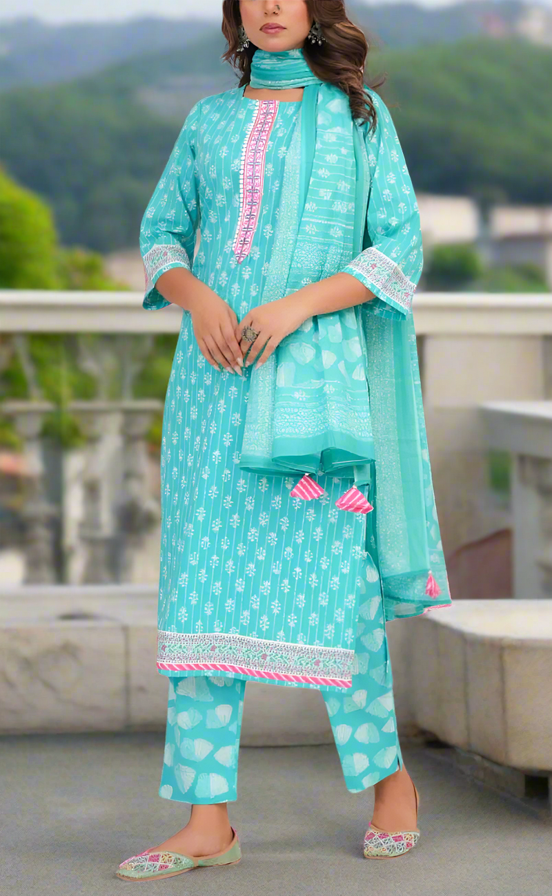 Sea Green Tiny Flora Jaipur Cotton Kurti With Pant And Dupatta Set. Pure Versatile Cotton. | Laces and Frills