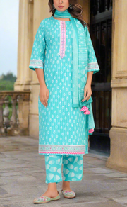Sea Green Tiny Flora Jaipur Cotton Kurti With Pant And Dupatta Set. Pure Versatile Cotton. | Laces and Frills