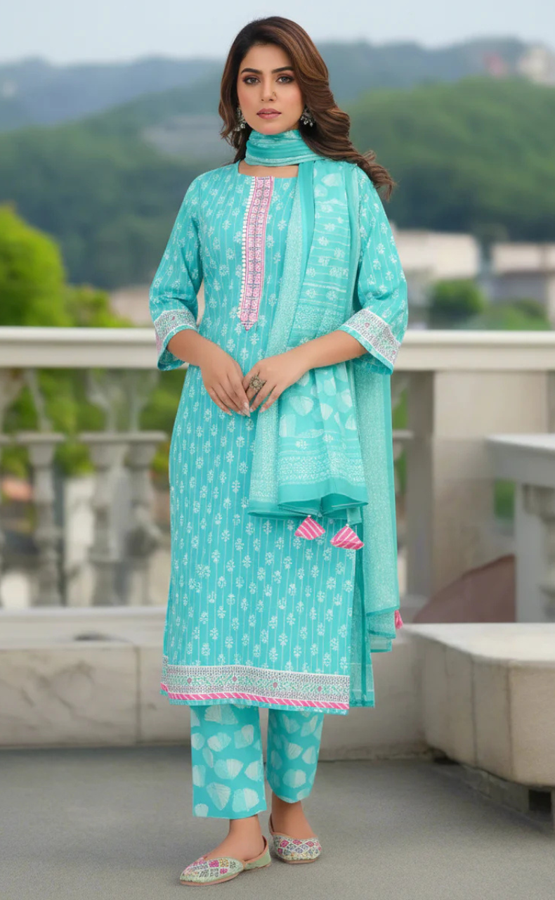 Sea Green Tiny Flora Jaipur Cotton Kurti With Pant And Dupatta Set. Pure Versatile Cotton. | Laces and Frills