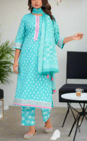 Sea Green Tiny Flora Jaipur Cotton Kurti With Pant And Dupatta Set. Pure Versatile Cotton. | Laces and Frills