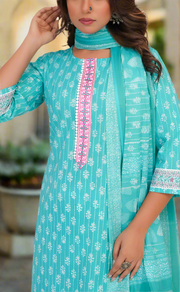 Sea Green Tiny Flora Jaipur Cotton Kurti With Pant And Dupatta Set. Pure Versatile Cotton. | Laces and Frills