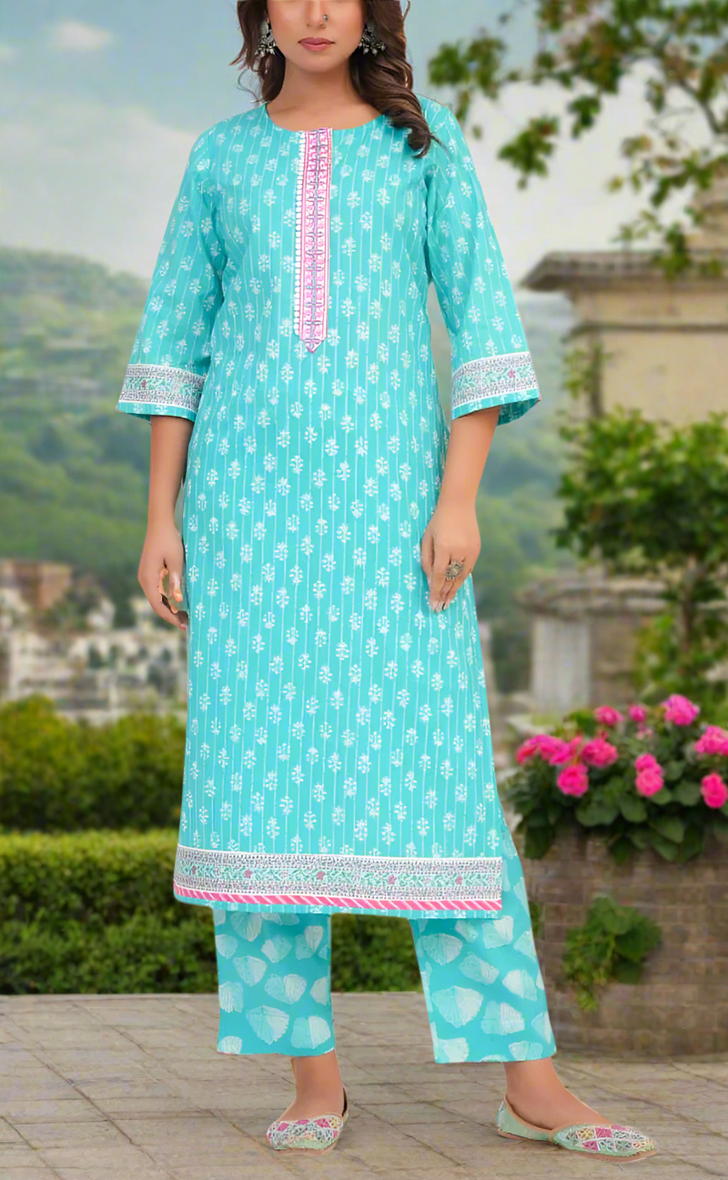 Sea Green Tiny Flora Jaipur Cotton Kurti With Pant And Dupatta Set. Pure Versatile Cotton. | Laces and Frills