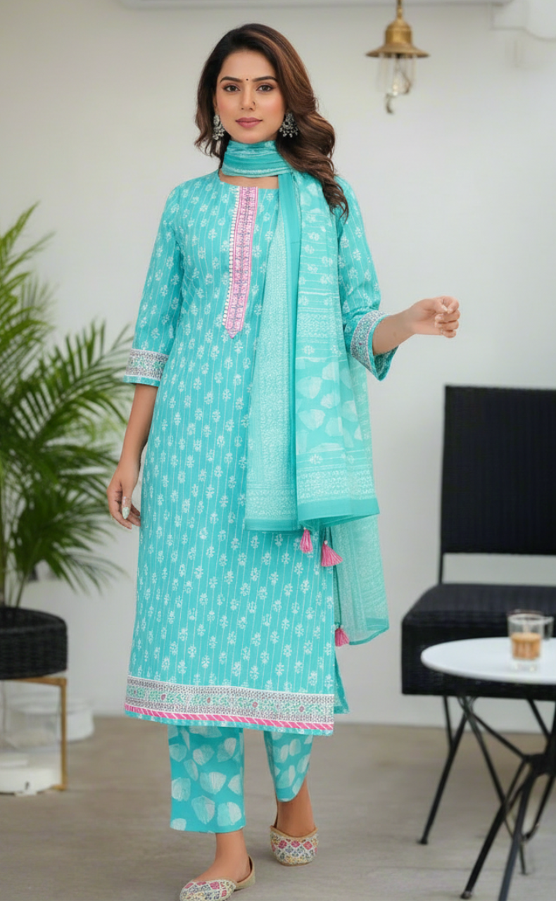 Sea Green Tiny Flora Jaipur Cotton Kurti With Pant And Dupatta Set. Pure Versatile Cotton. | Laces and Frills