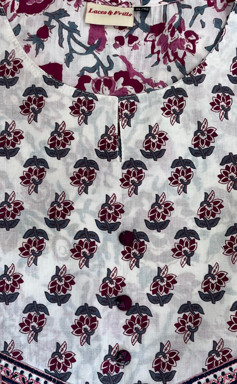 White/Wine Colour Floral Jaipur Cotton Kurti With Pant And Dupatta Set. Pure Versatile Cotton. | Laces and Frills